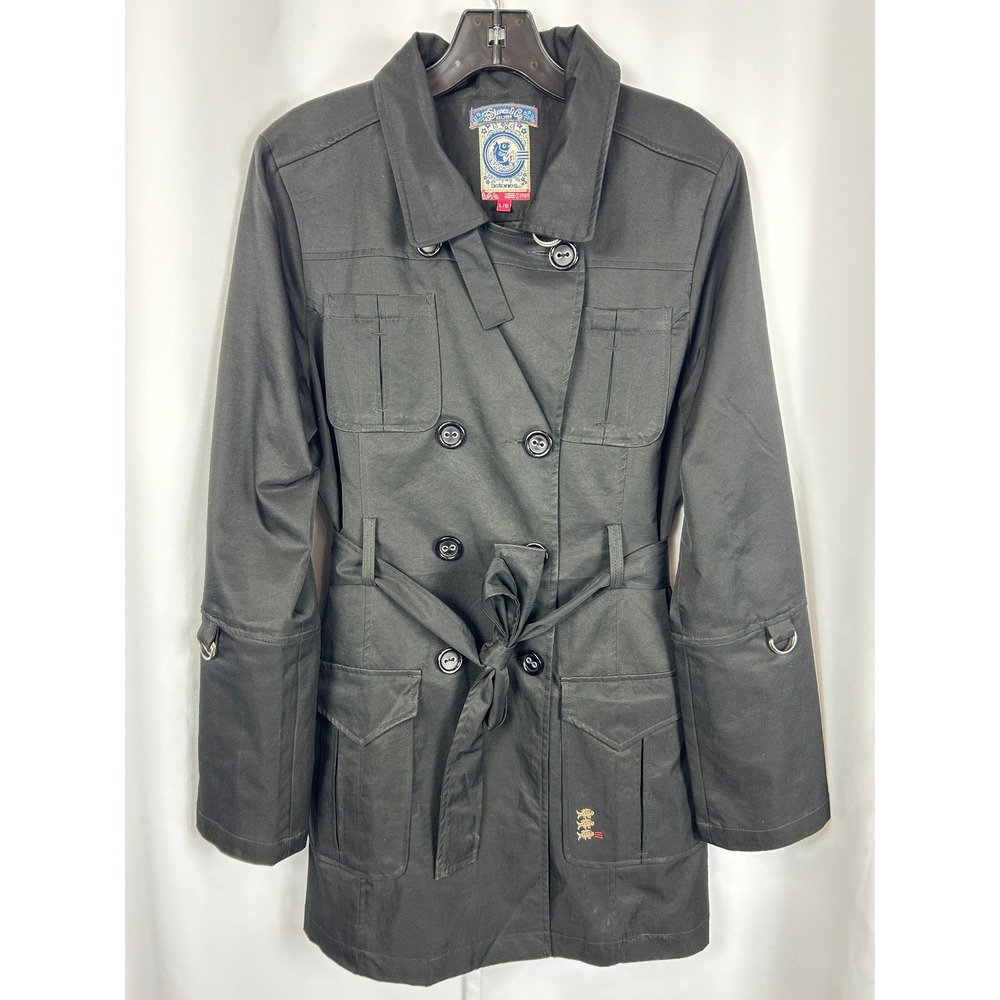 3 Stones Black Double Breasted Belted Utility Trench Coat Cargo Pockets Size L